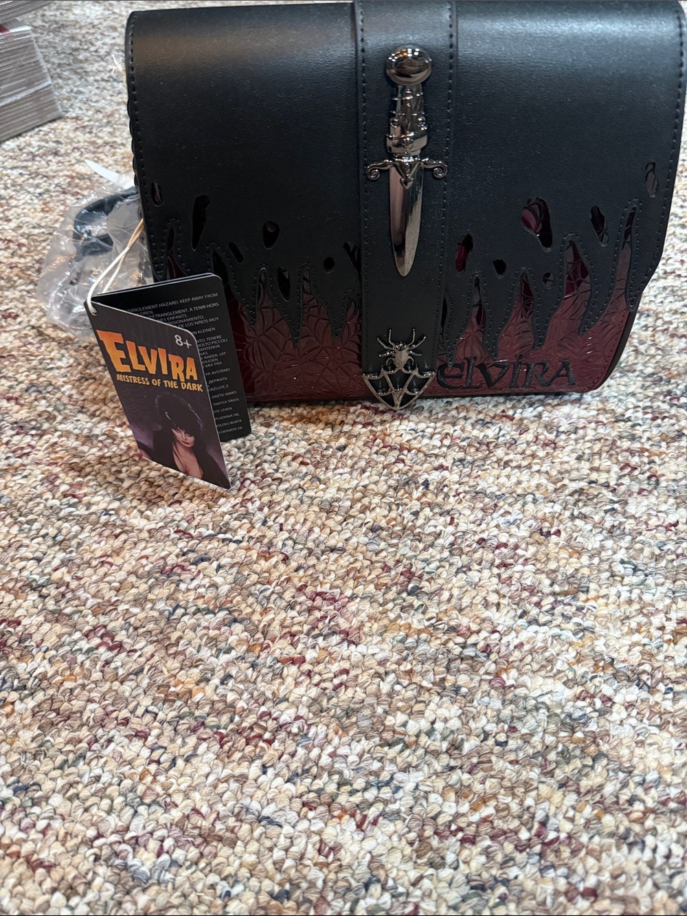 Loungefly Black and Dark Red Elvira Messenger Bag with Dagger Accent